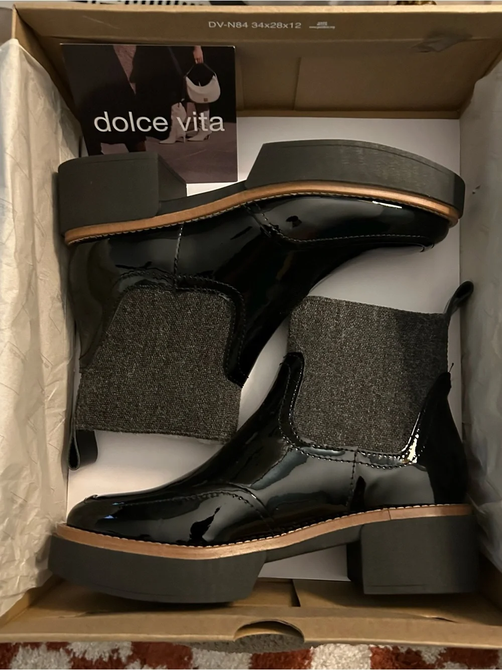 Dolce Vita Black Patent Chelsea Booties with Gray Elastic